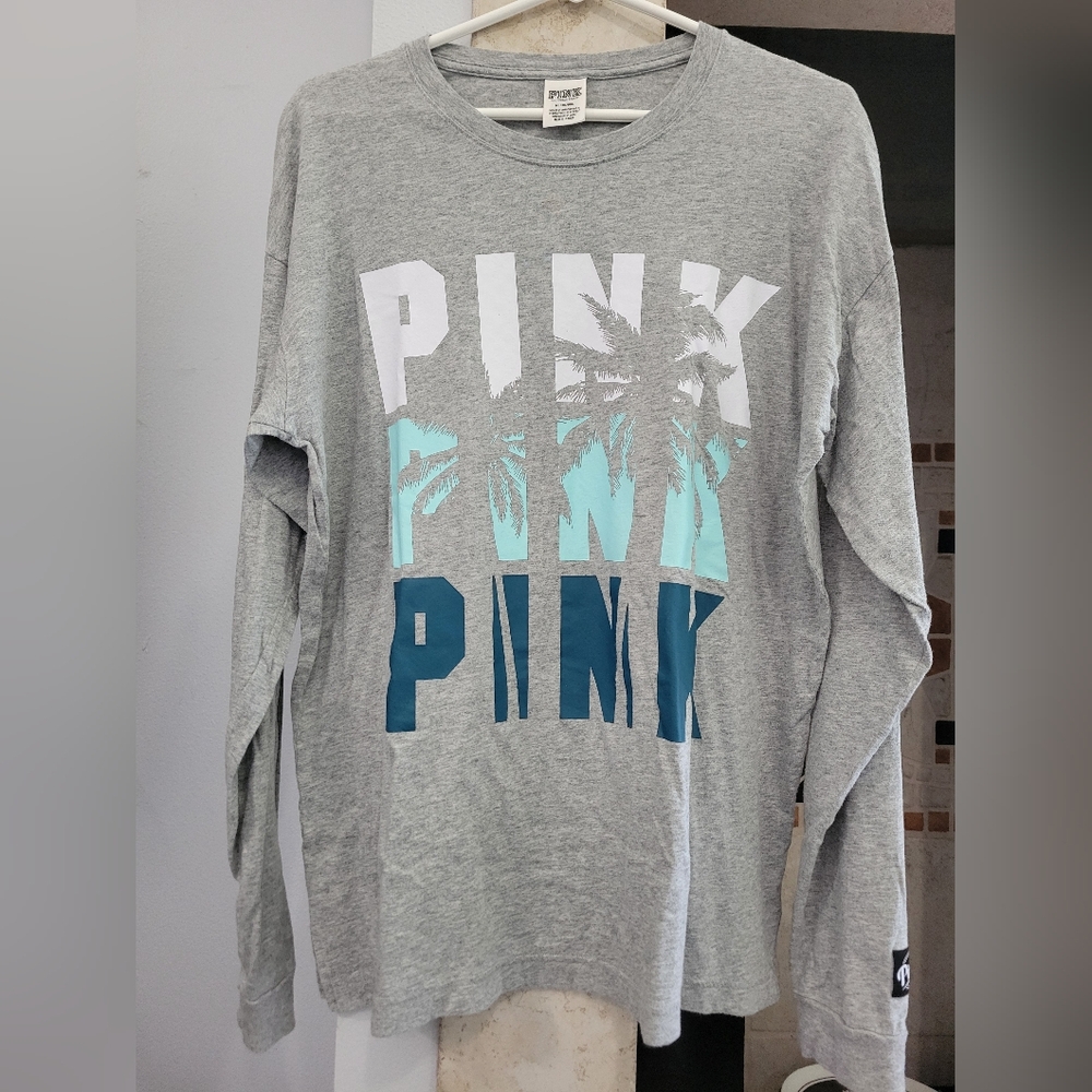 PINK Victoria's Secret Gray Campus Long Sleeve Palm Logo Size Medium